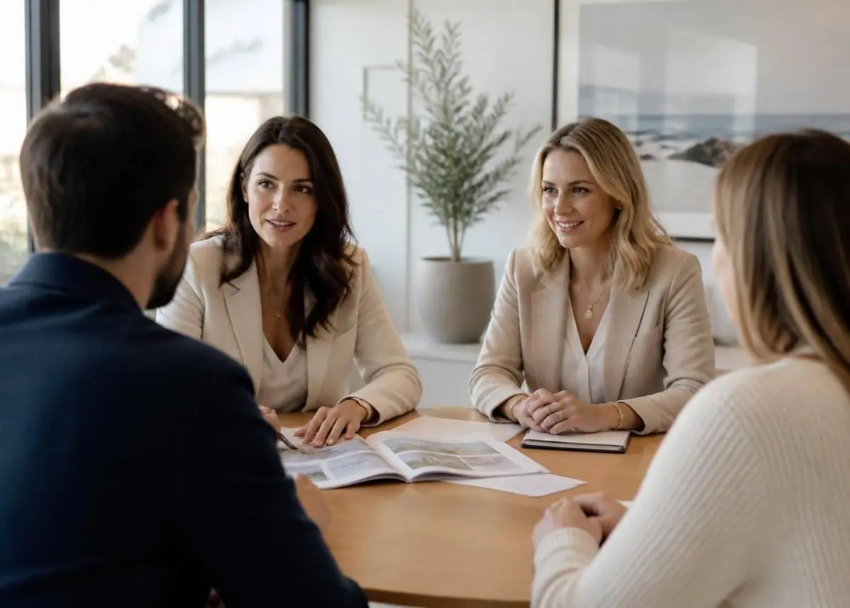Asesoras inmobiliarias reunidas con clientes