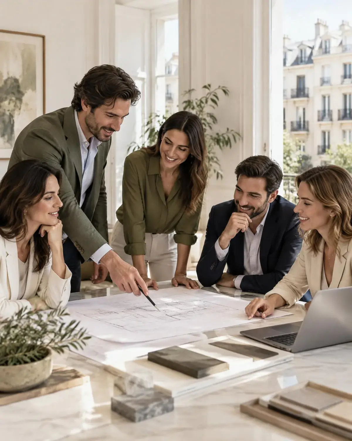Equipo de asesores inmobiliarios colaborando